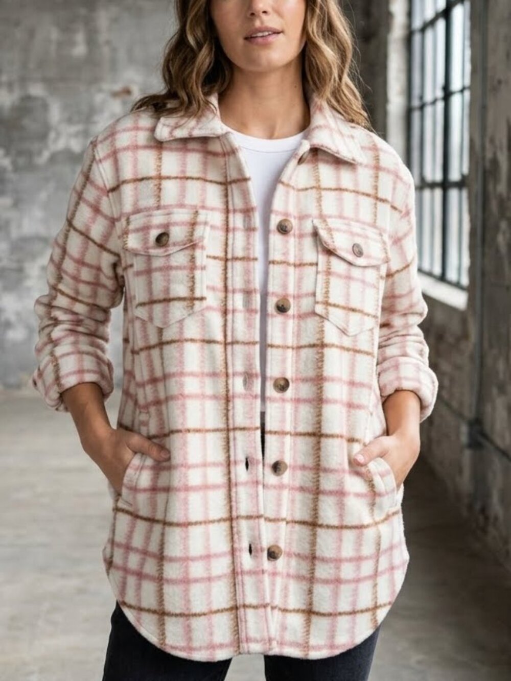 Joie Women's Pink White Fall Flannel Fleece Button Shirt Jacket Shacket S